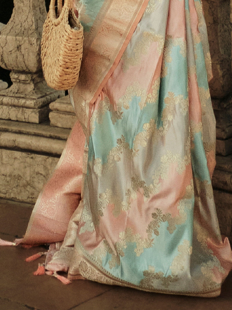 Peach-Blue Designer Satin Silk Blended Saree - TrendOye