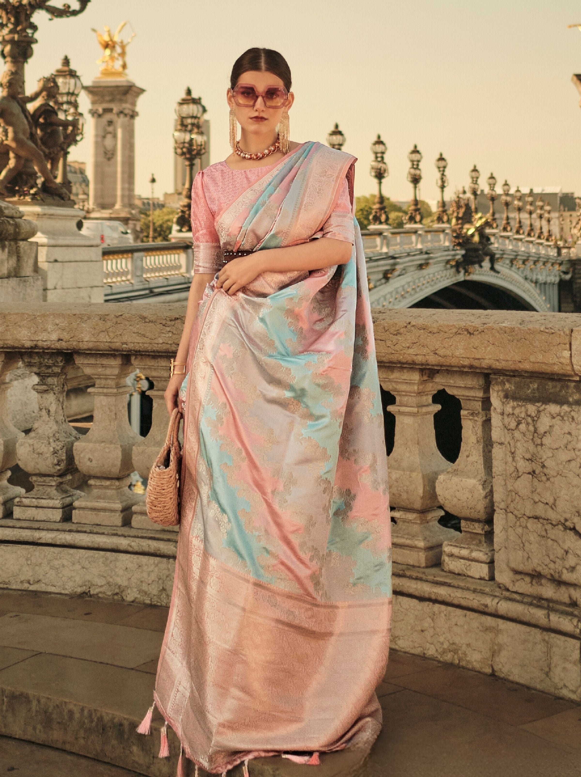 Pink-Blue Designer Satin Silk Blended Saree - TrendOye