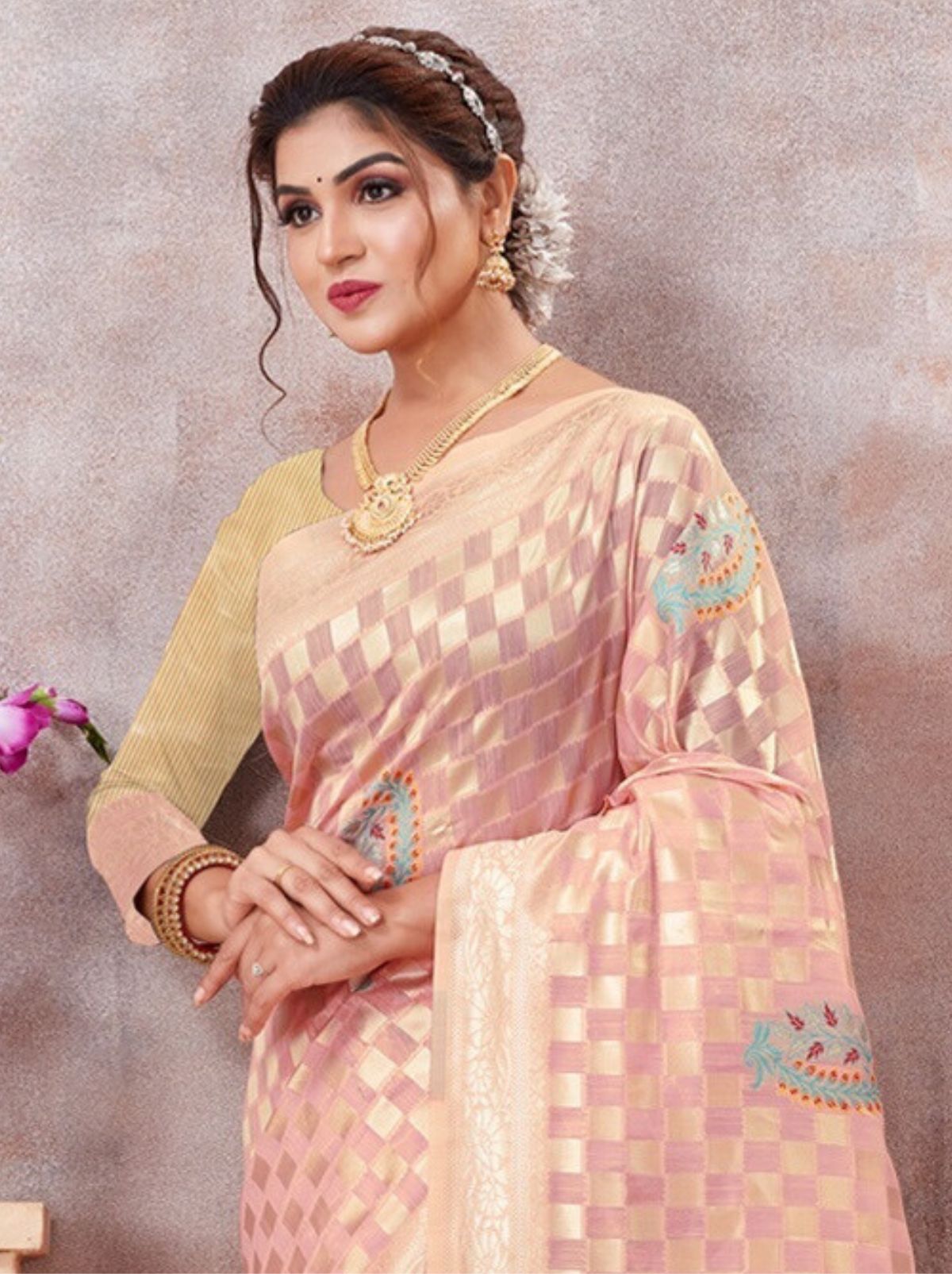 Peach Kota Cotton Silk Designer Saree - TrendOye