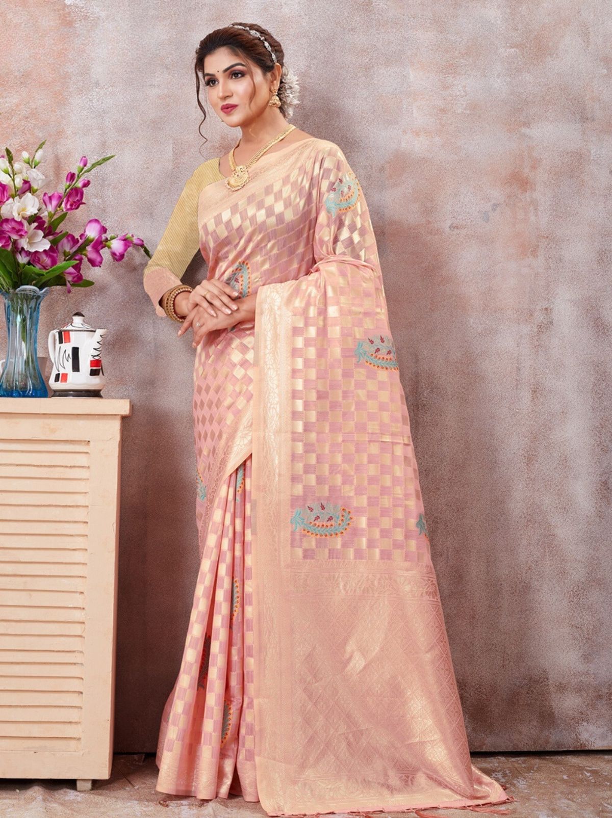 Peach Kota Cotton Silk Designer Saree - TrendOye