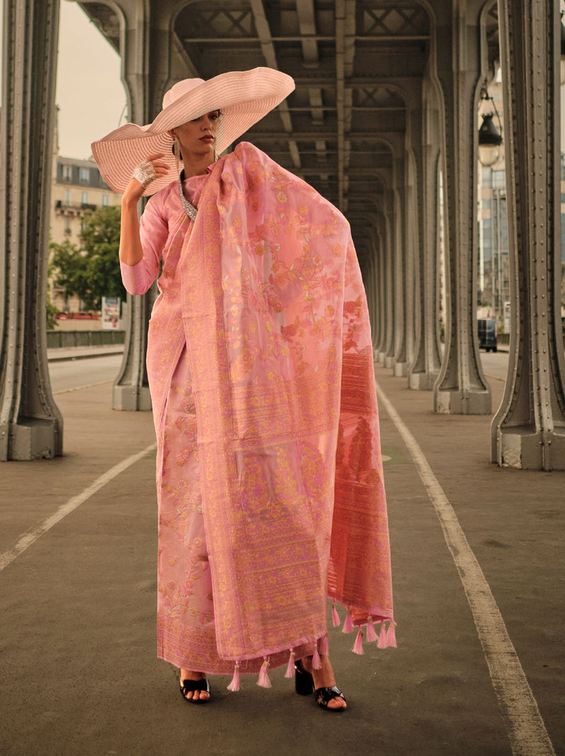 Peach Organza Kashmiri Designer Handloom Silk Saree - TrendOye