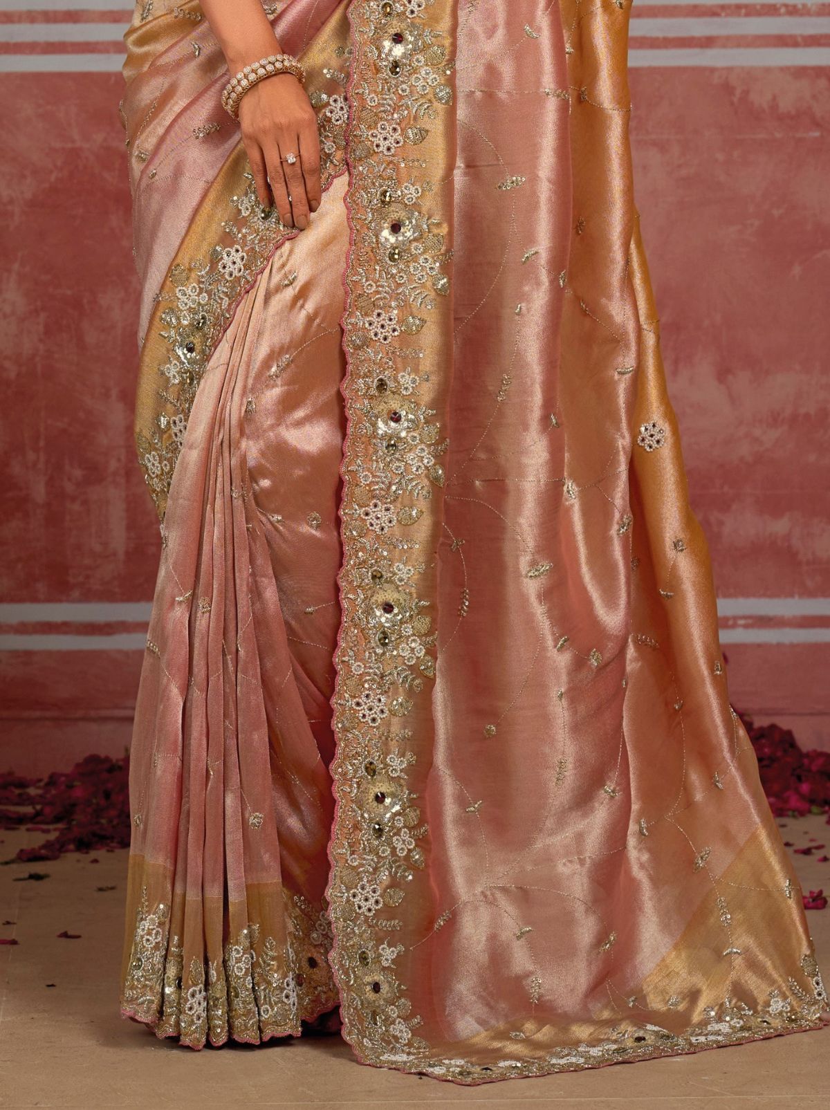 Peach-Pink Dual Tone Luxurious Premium Silk Saree With Intricate Embroidery