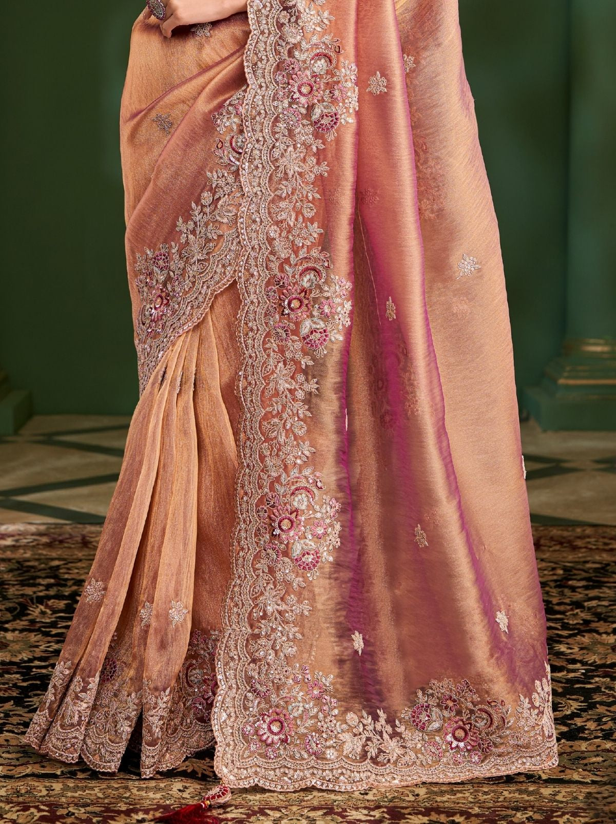 Peach Regal Designer Georgette Silk Saree for Brides