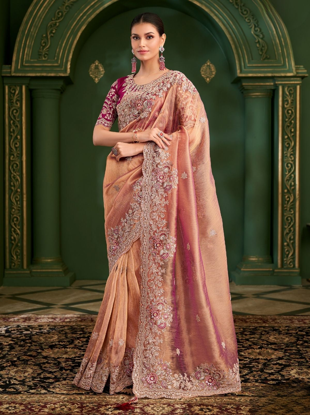 Peach Regal Designer Georgette Silk Saree for Brides