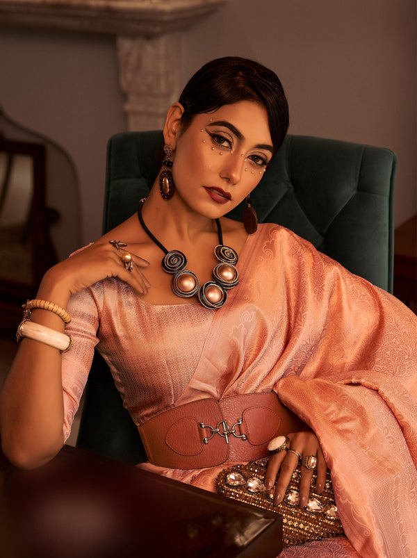 Peach Fine Kanjivaram Designer Silk Saree - TrendOye