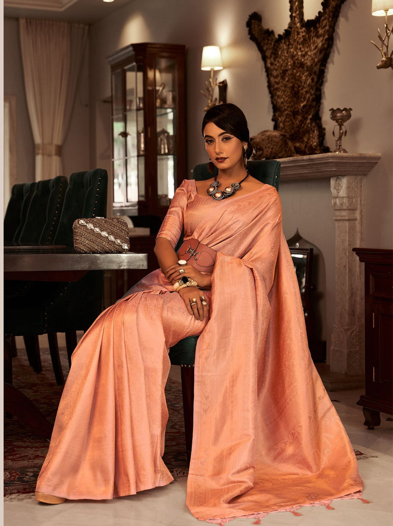 Peach Fine Kanjivaram Designer Silk Saree - TrendOye
