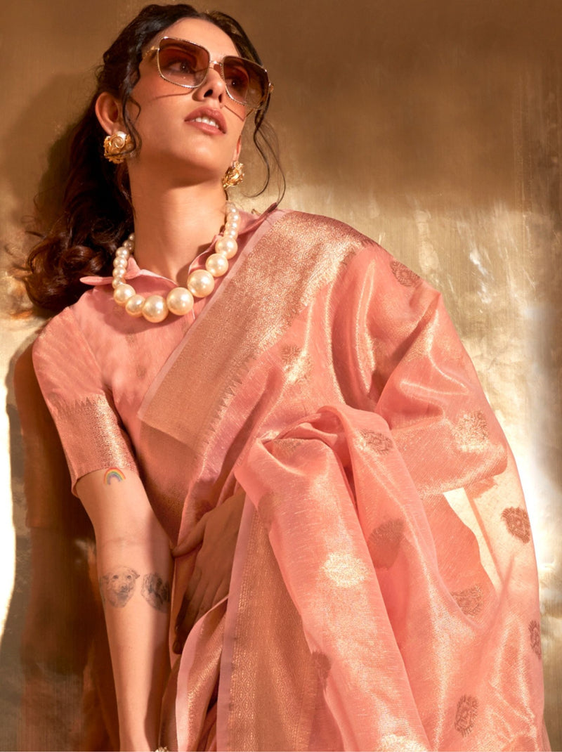 Pastel Peach Paithani Tissue Silk Blended Saree - TrendOye