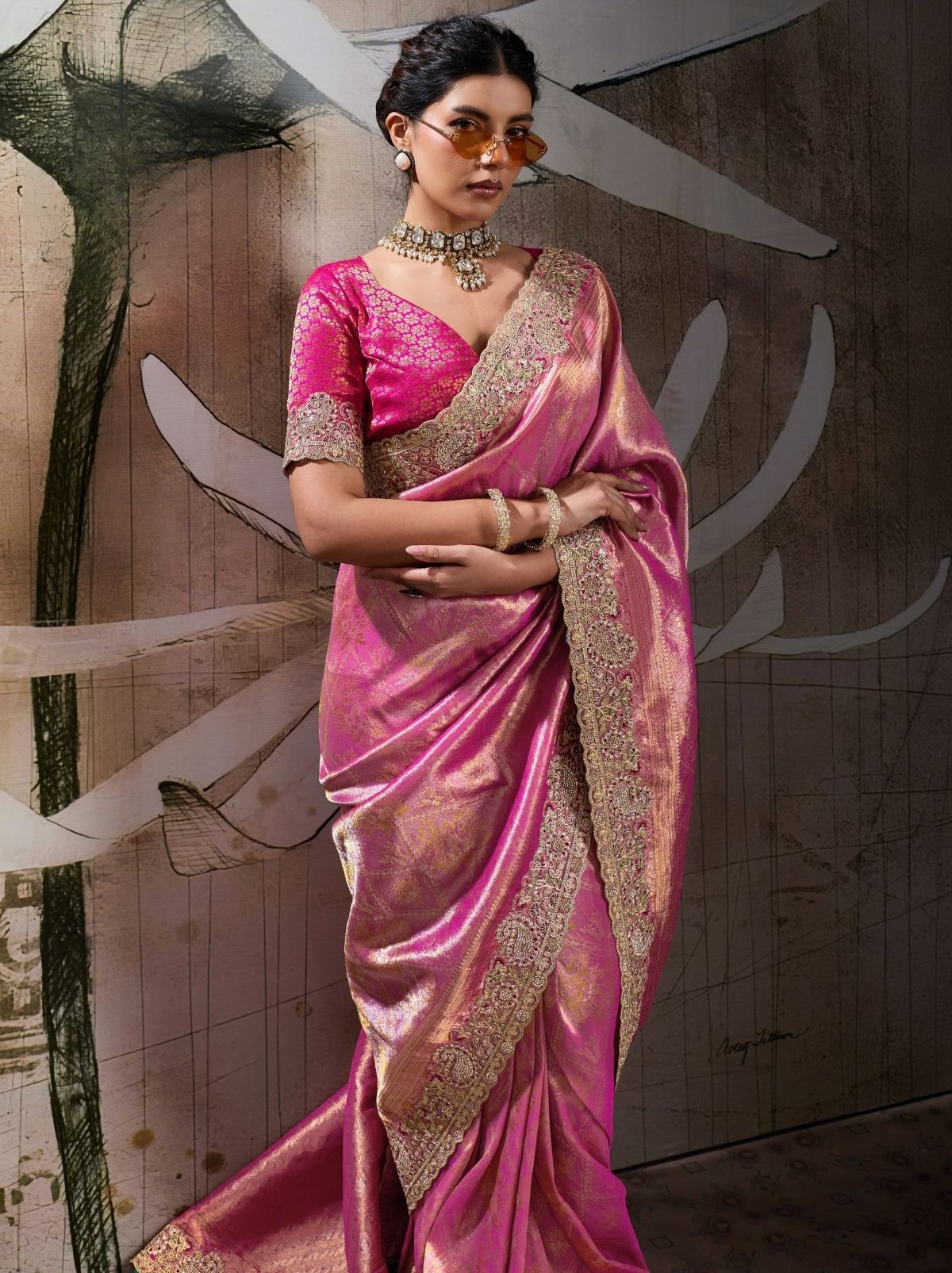 Hot Pink Banarasi Silk Celebration Saree With Blouse Piece