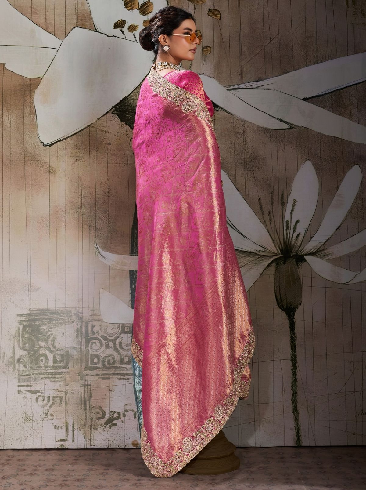 Hot Pink Banarasi Silk Celebration Saree With Blouse Piece