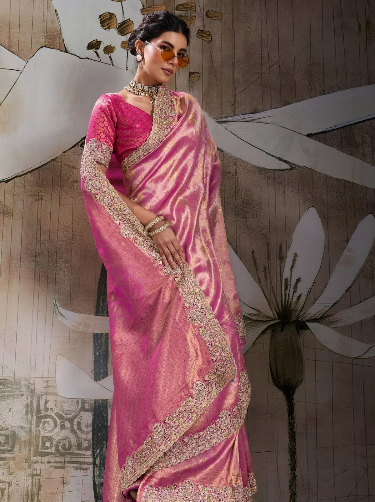 Hot Pink Banarasi Silk Celebration Saree With Blouse Piece