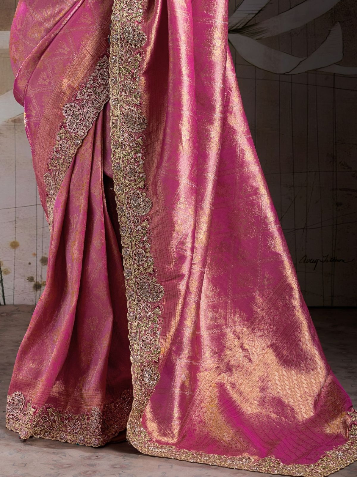 Hot Pink Banarasi Silk Celebration Saree With Blouse Piece