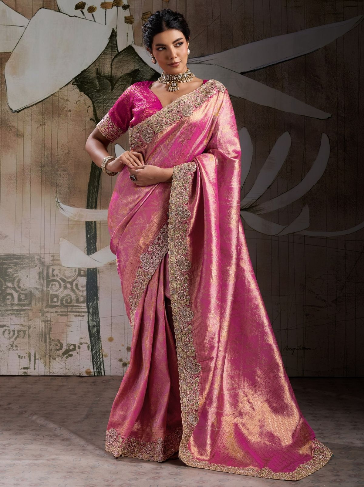Hot Pink Banarasi Silk Celebration Saree With Blouse Piece