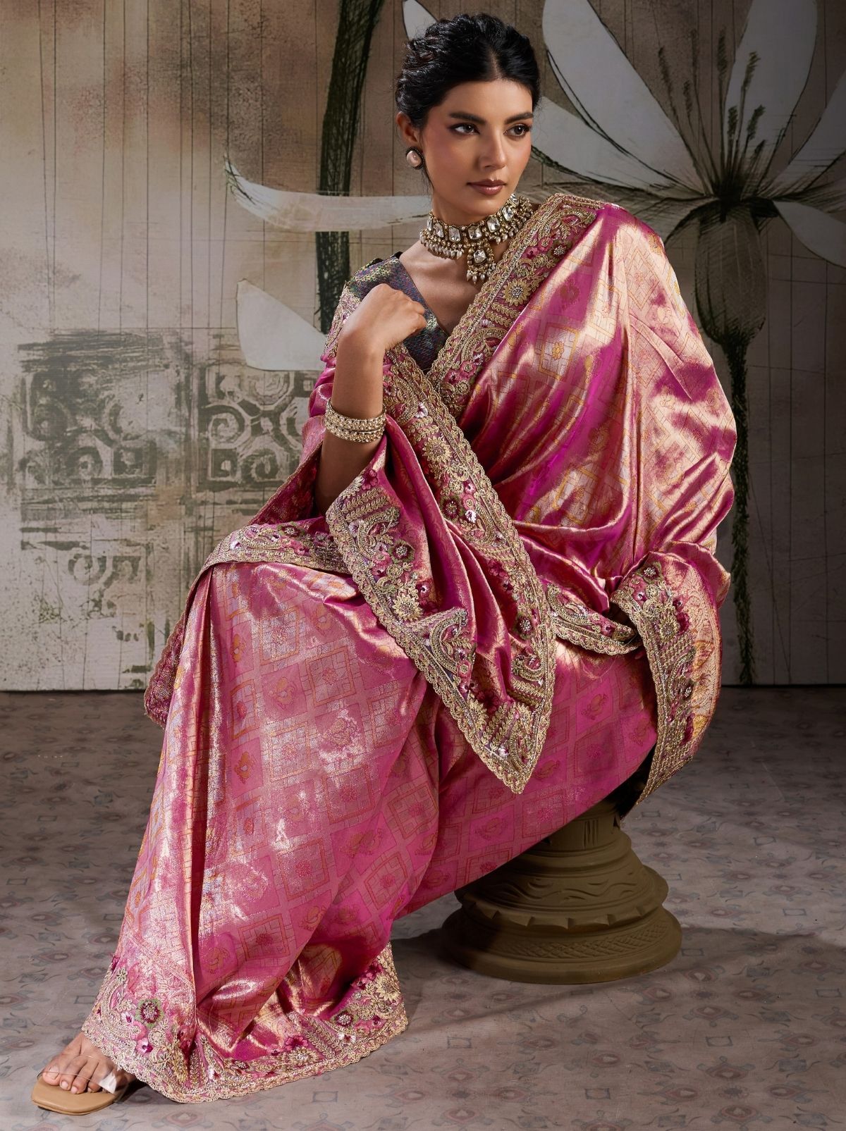 Rose Pink Banarasi Silk Celebration Saree With Blouse Piece
