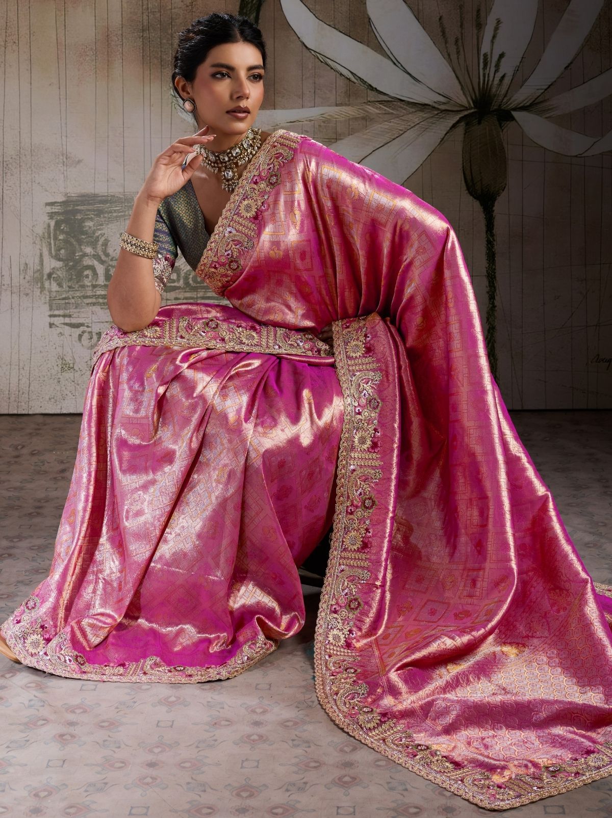Rose Pink Banarasi Silk Celebration Saree With Blouse Piece