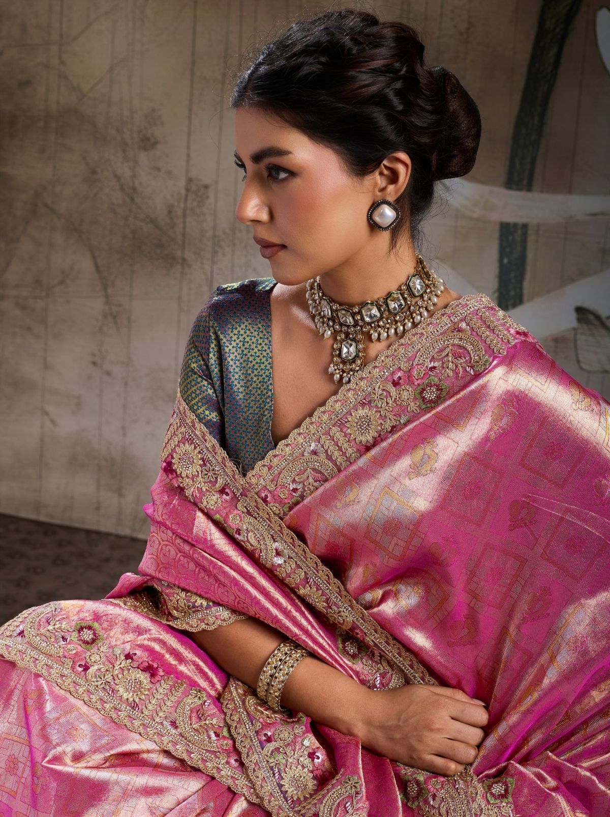 Rose Pink Banarasi Silk Celebration Saree With Blouse Piece
