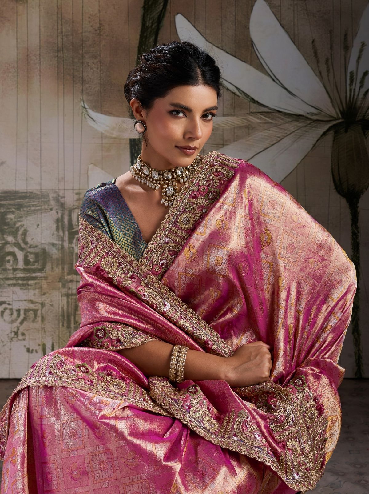 Rose Pink Banarasi Silk Celebration Saree With Blouse Piece