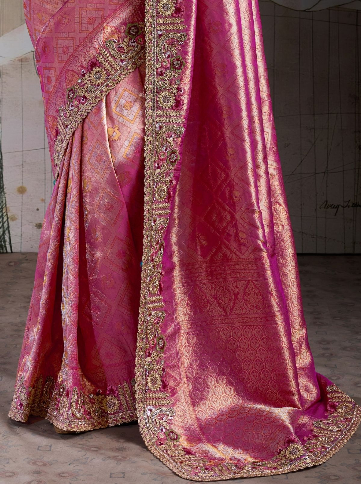 Rose Pink Banarasi Silk Celebration Saree With Blouse Piece