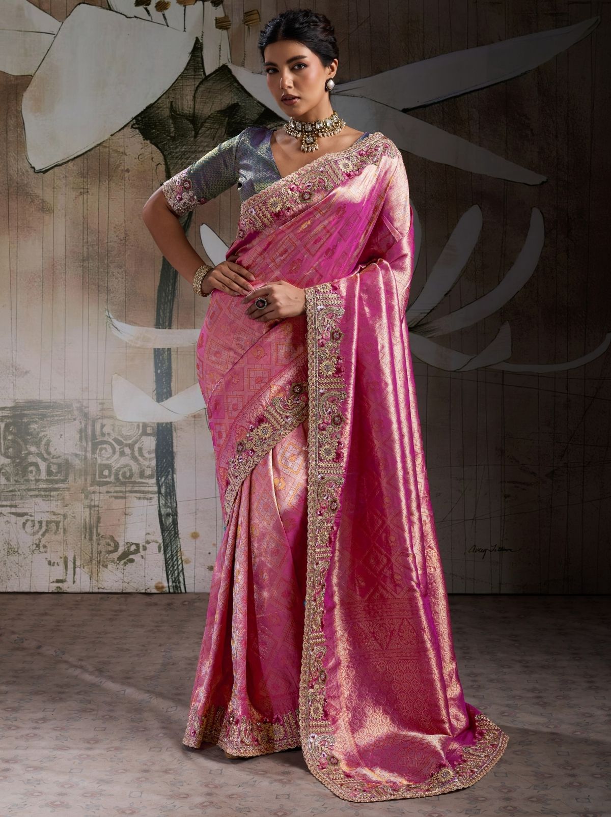 Rose Pink Banarasi Silk Celebration Saree With Blouse Piece