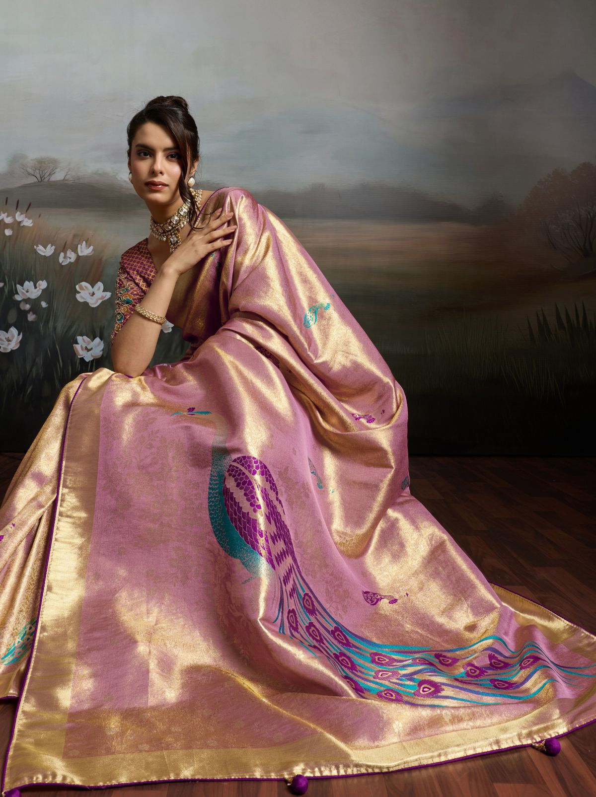 Light Blush Pink Banarasi Silk Festive Saree With Embroidery Work