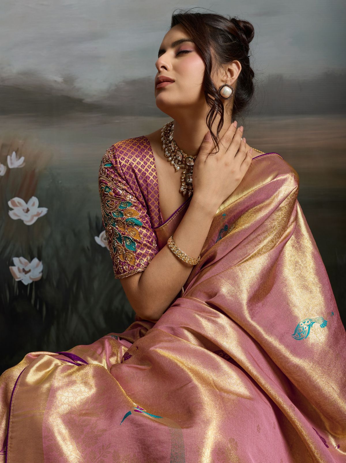 Light Blush Pink Banarasi Silk Festive Saree With Embroidery Work
