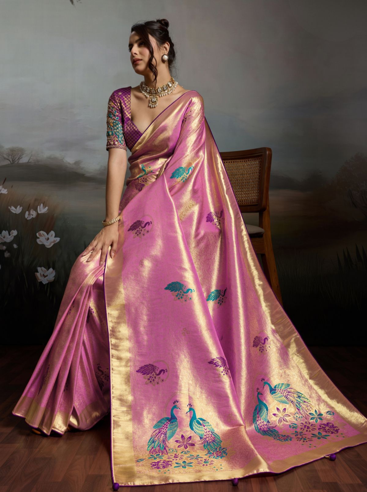 Creamy Pink Banarasi Silk Festive Saree With Embroidery Work
