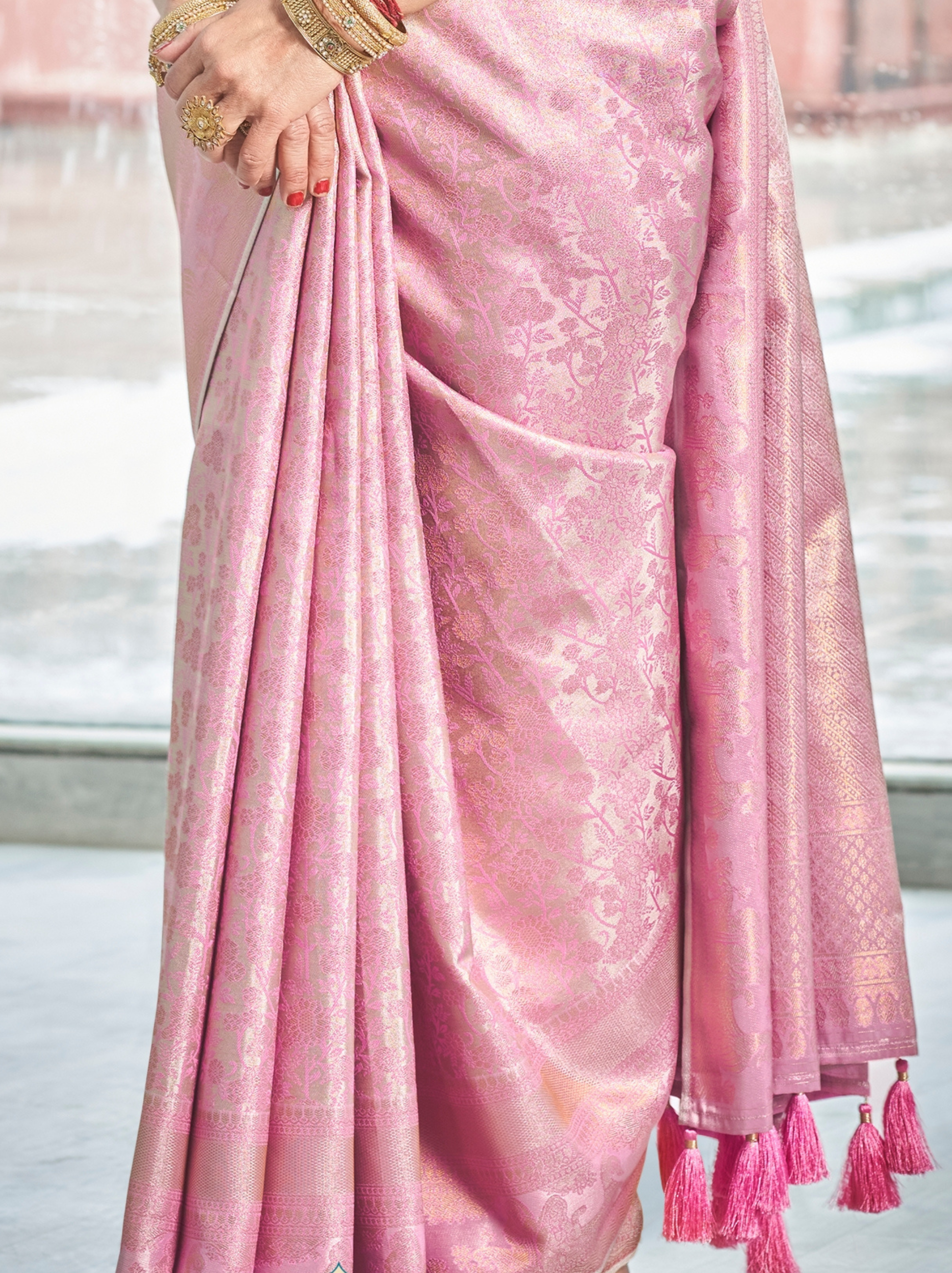 Carnation Pink Banarasi Silk Wedding Saree With Blouse Piece - TrendOye