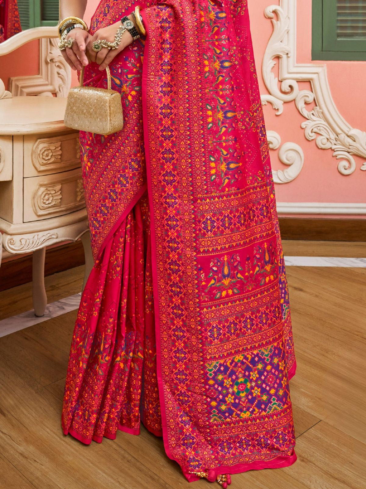 Magenta Pink Banarasi Silk Saree With Meenakari Work