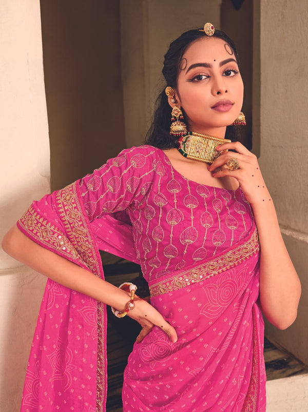 Hot pink Draped saree with Chikankari Blouse – Issa Studio