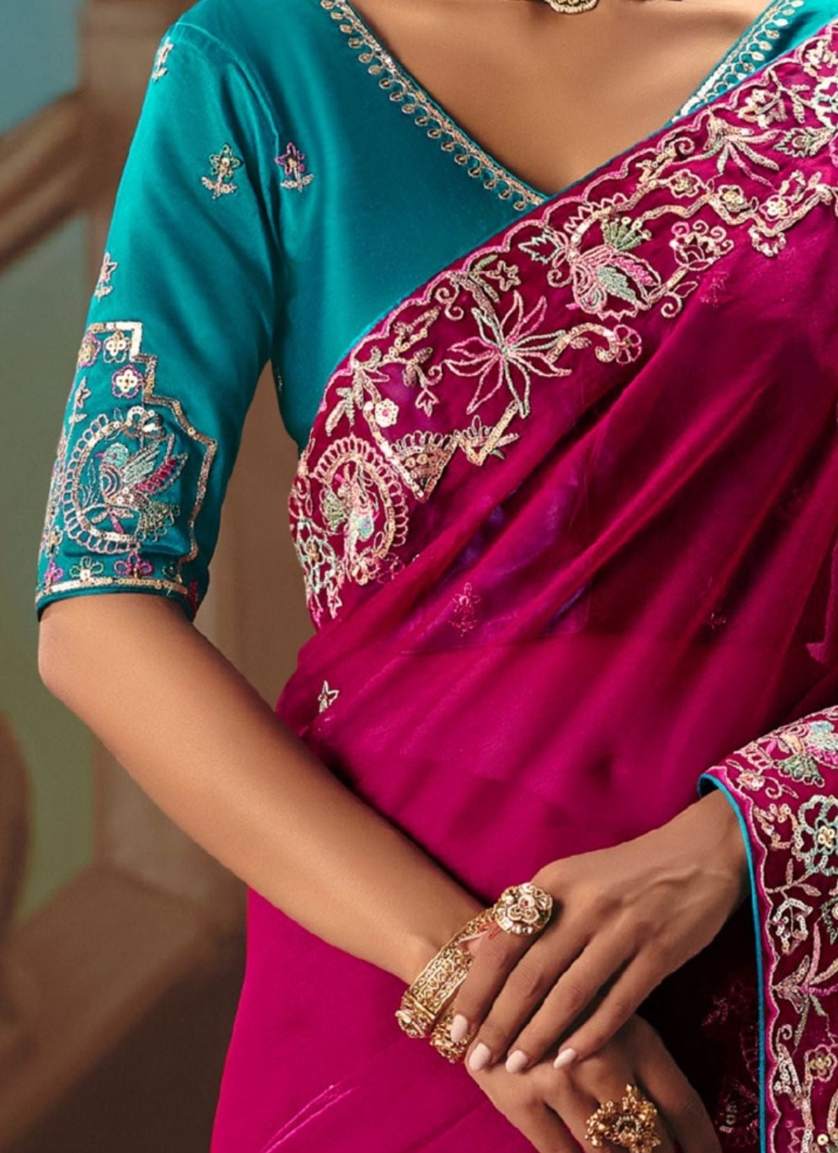 Cerise Pink Celebration Fancy Saree With Premium Blouse Piece - TrendOye