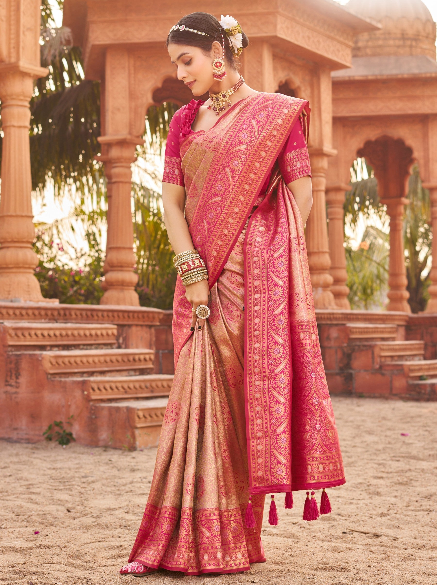 Ruby Pink Premium Soft Silk Festive Saree - TrendOye
