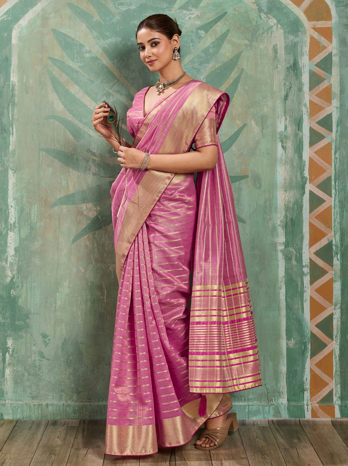 Creamy Pink Cotton Tissue Saree with Soft Gold Zari Woven