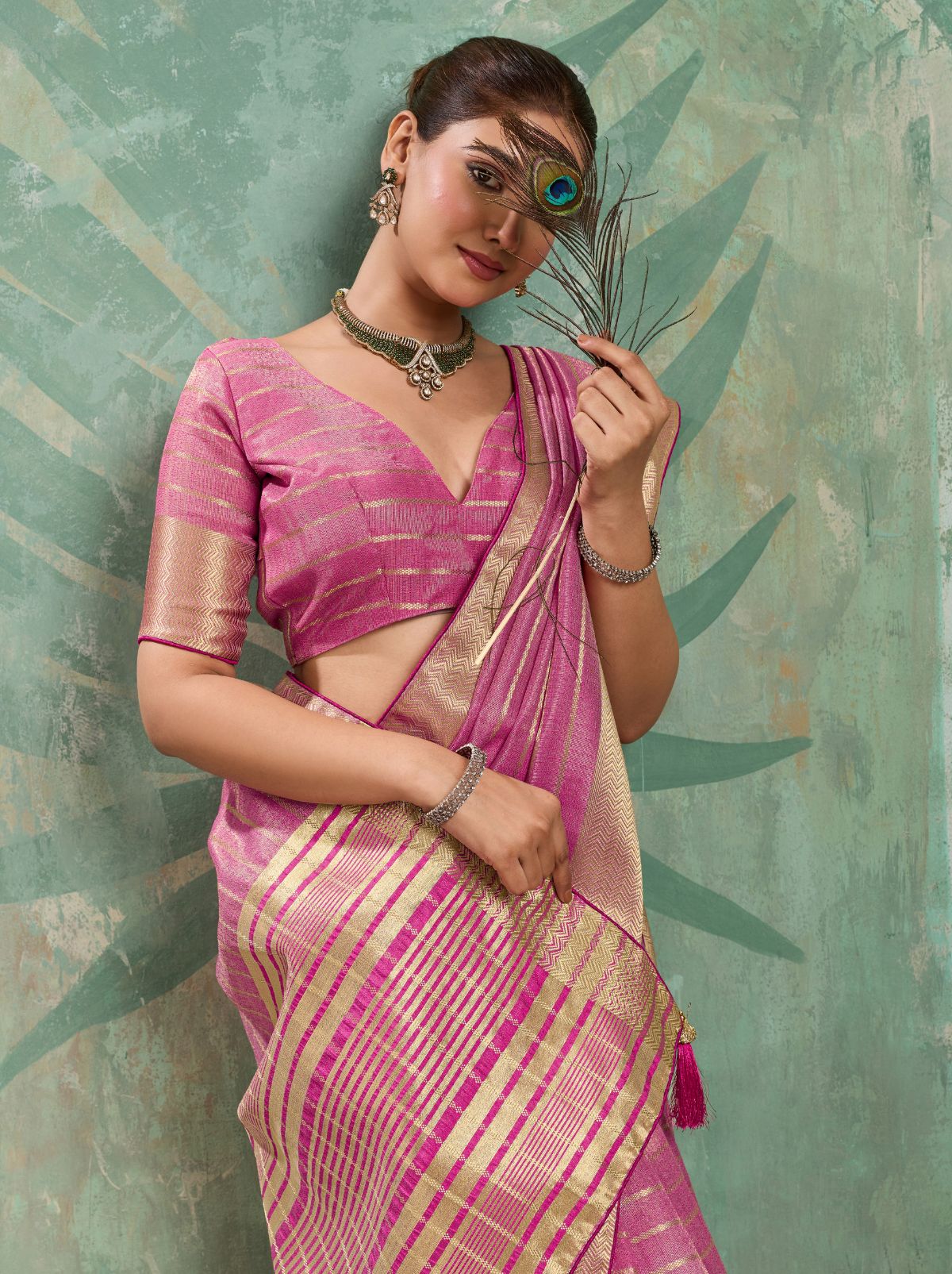 Creamy Pink Cotton Tissue Saree with Soft Gold Zari Woven
