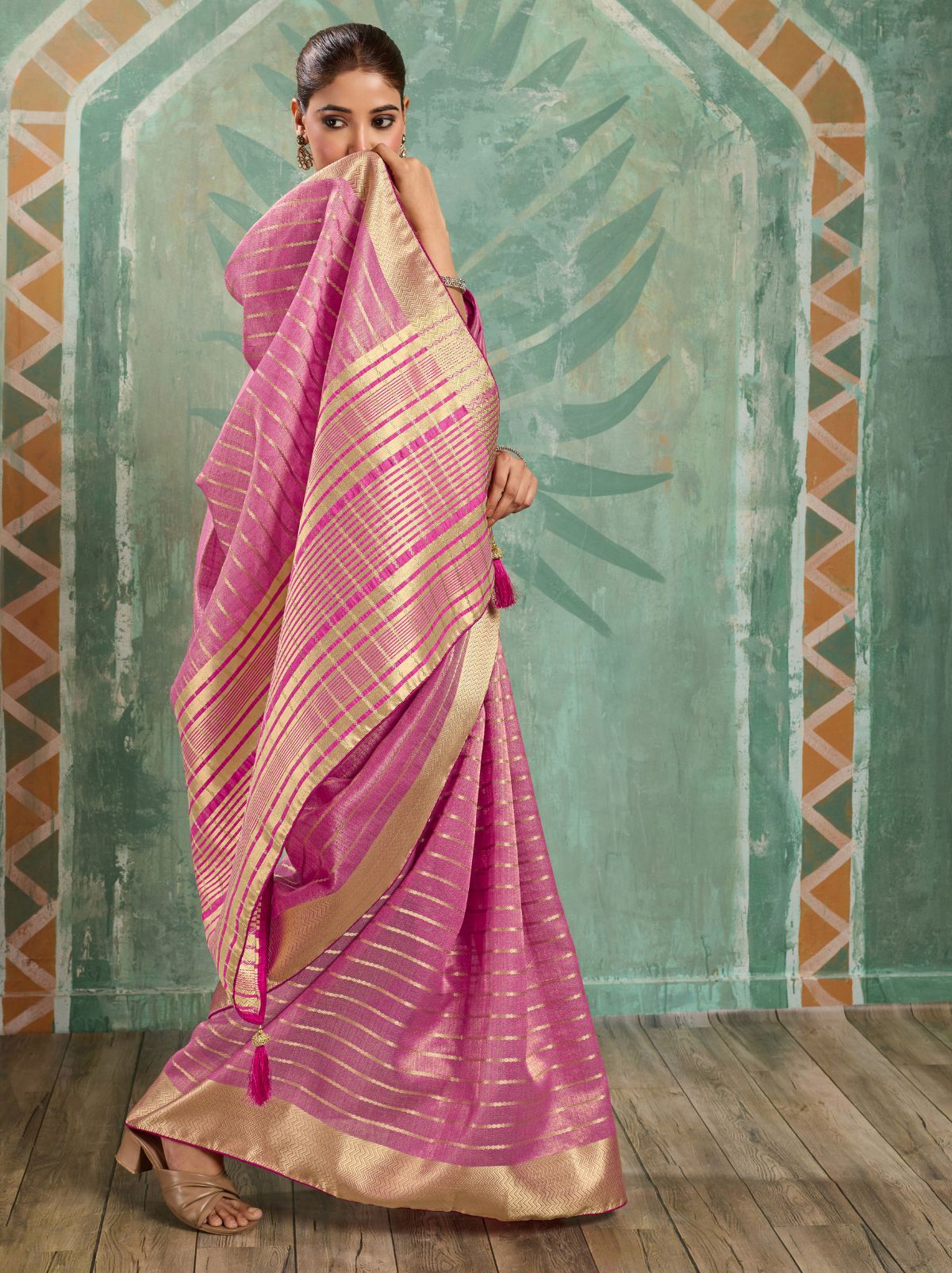 Creamy Pink Cotton Tissue Saree with Soft Gold Zari Woven