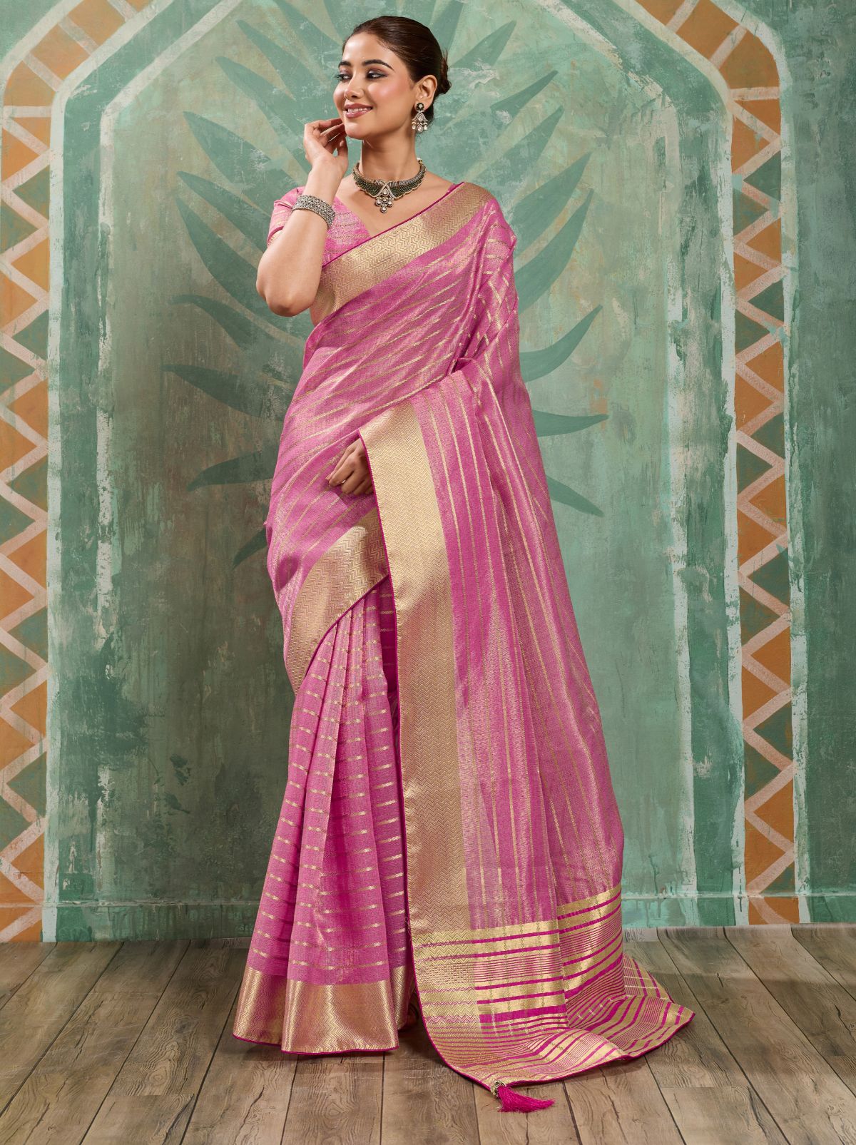 Creamy Pink Cotton Tissue Saree with Soft Gold Zari Woven