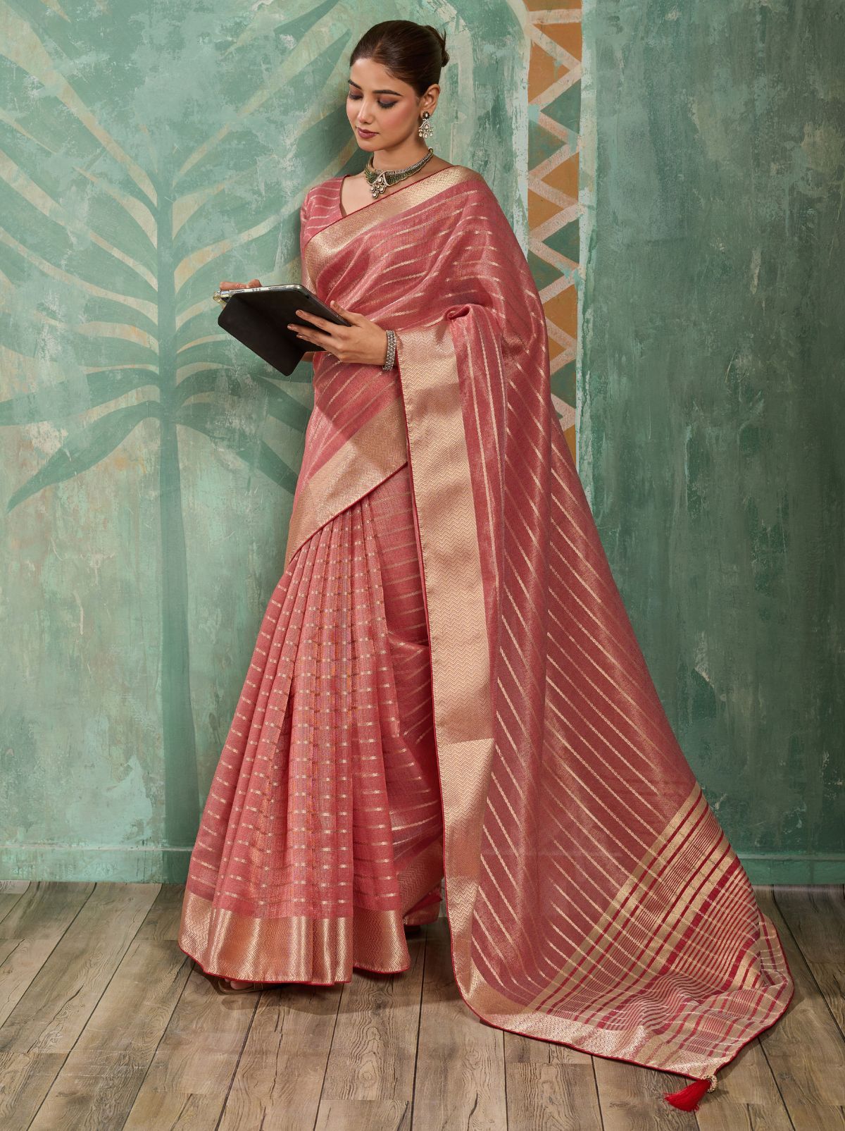 Dusty Rose Pink Cotton Tissue Saree with Soft Gold Zari Woven