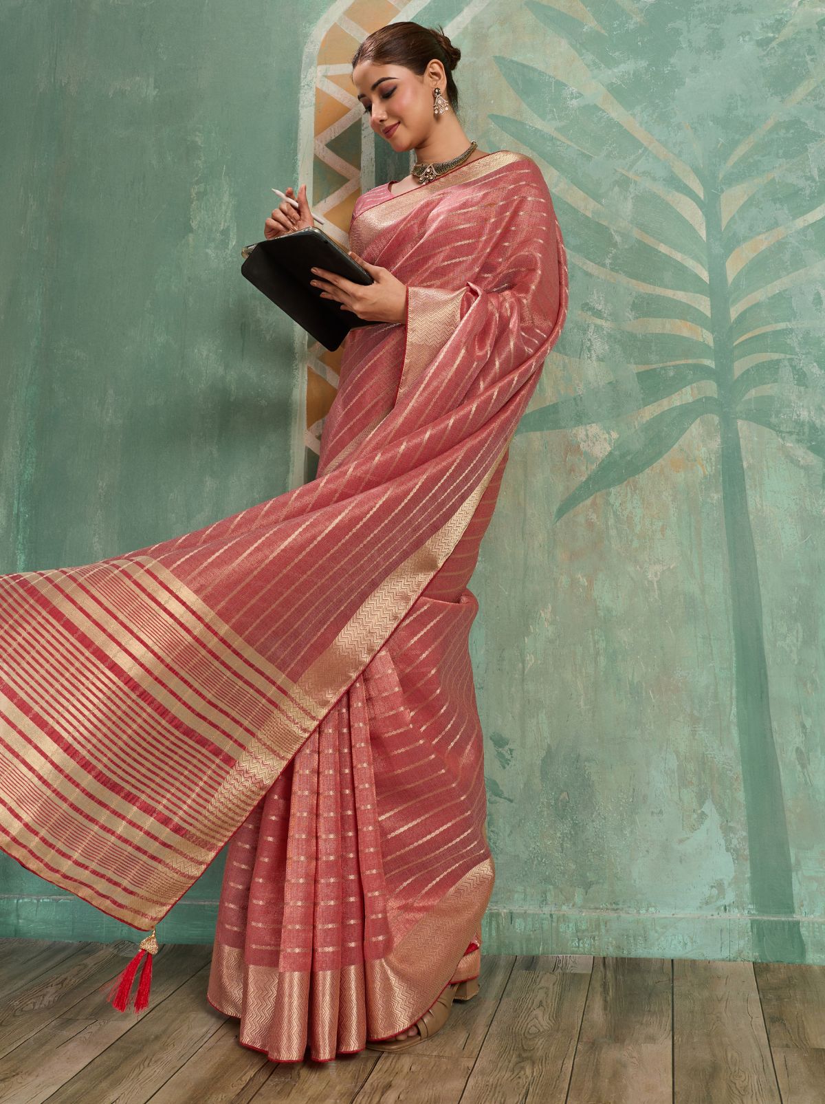 Dusty Rose Pink Cotton Tissue Saree with Soft Gold Zari Woven