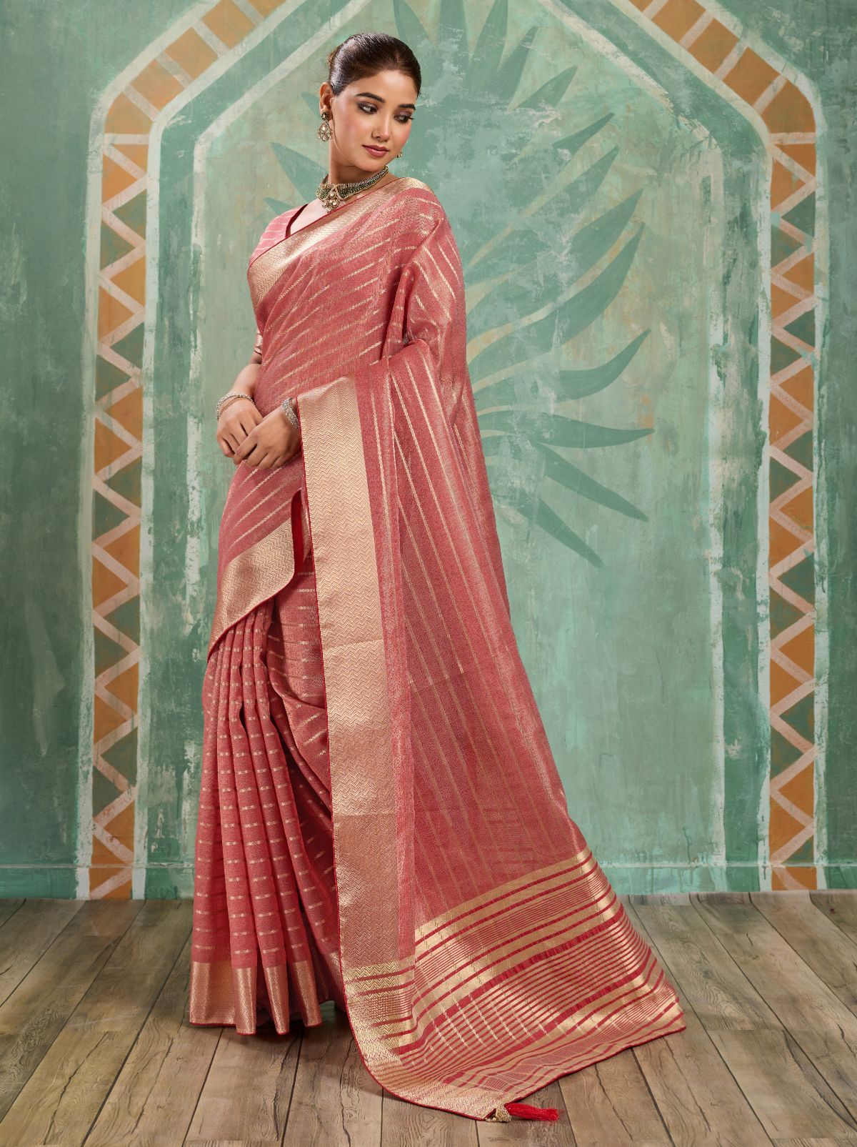 Dusty Rose Pink Cotton Tissue Saree with Soft Gold Zari Woven