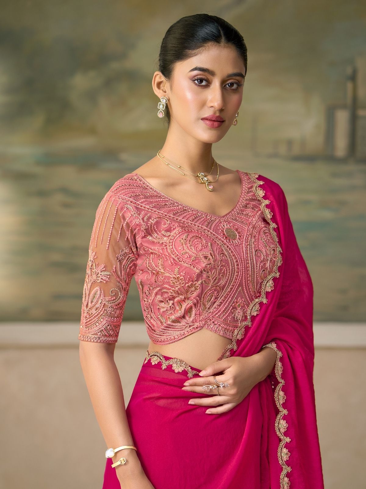 Ruby Pink Couture Sequin Saree with Zari Artistry