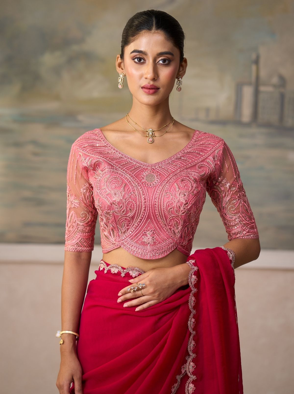 Ruby Pink Couture Sequin Saree with Designer Blouse