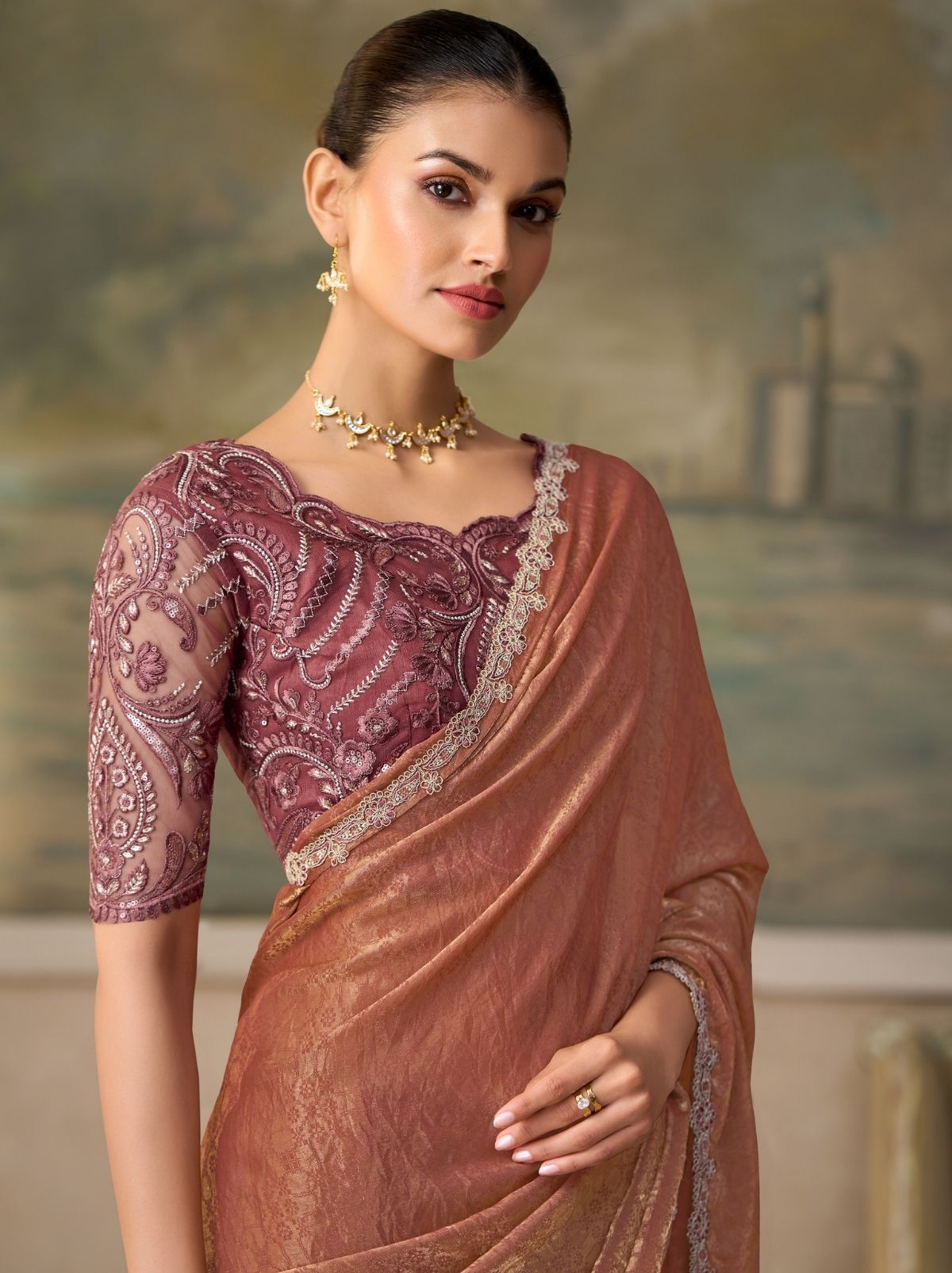 Coral Pink Couture Sequin Saree with Zari Artistry