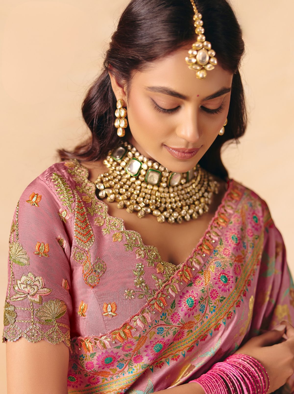 Flamingo Pink Designer Dola Silk Saree with Embroidery