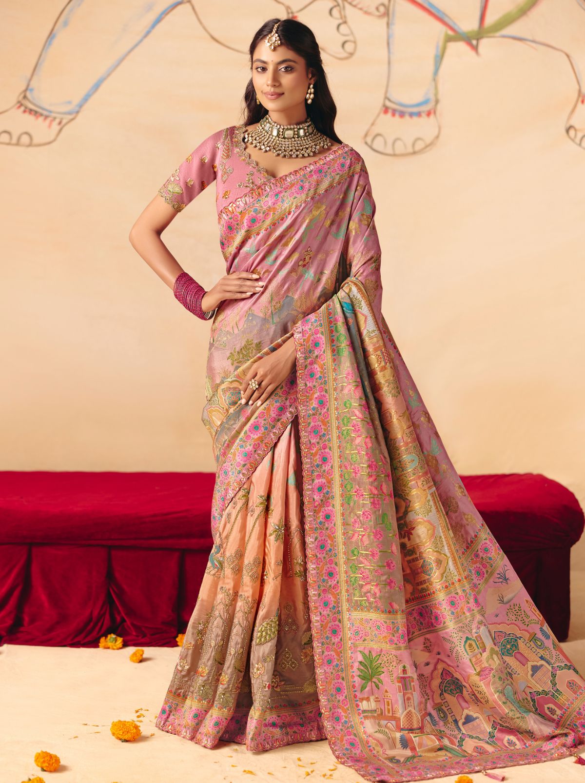 Flamingo Pink Designer Dola Silk Saree with Embroidery