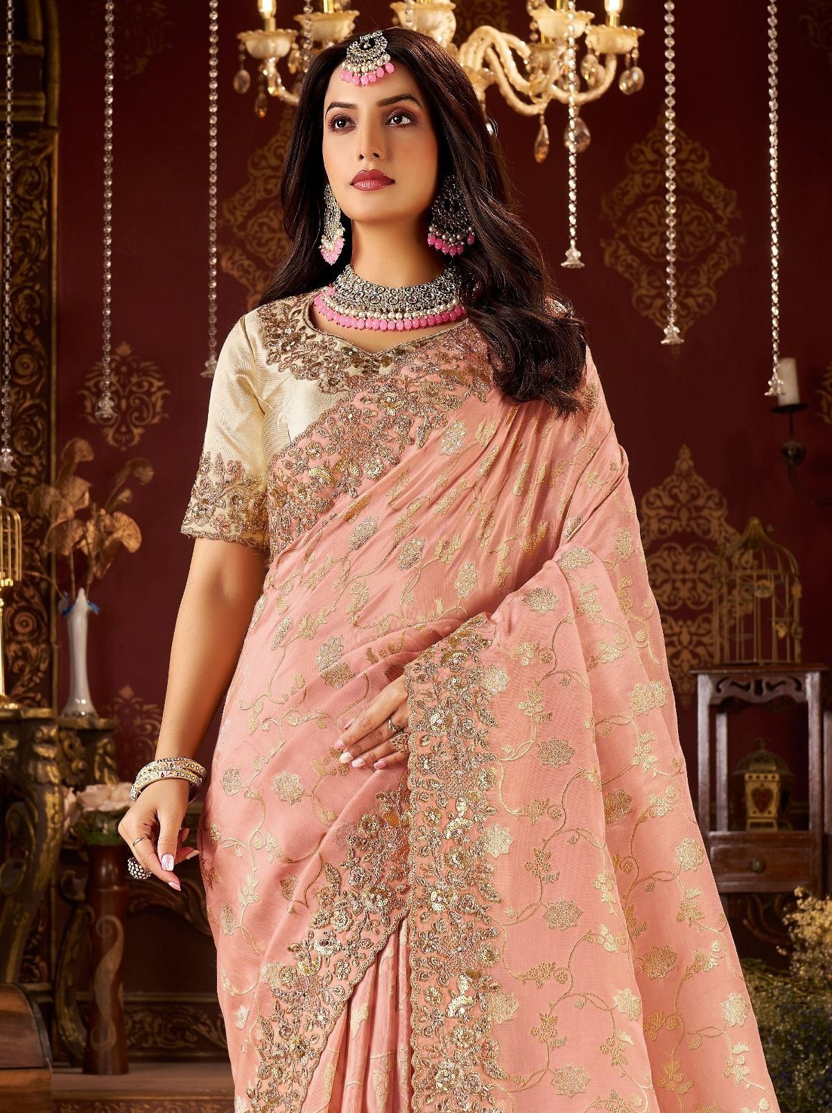 Peach Pink Designer Fancy Silk Bridal Saree With Blouse Piece