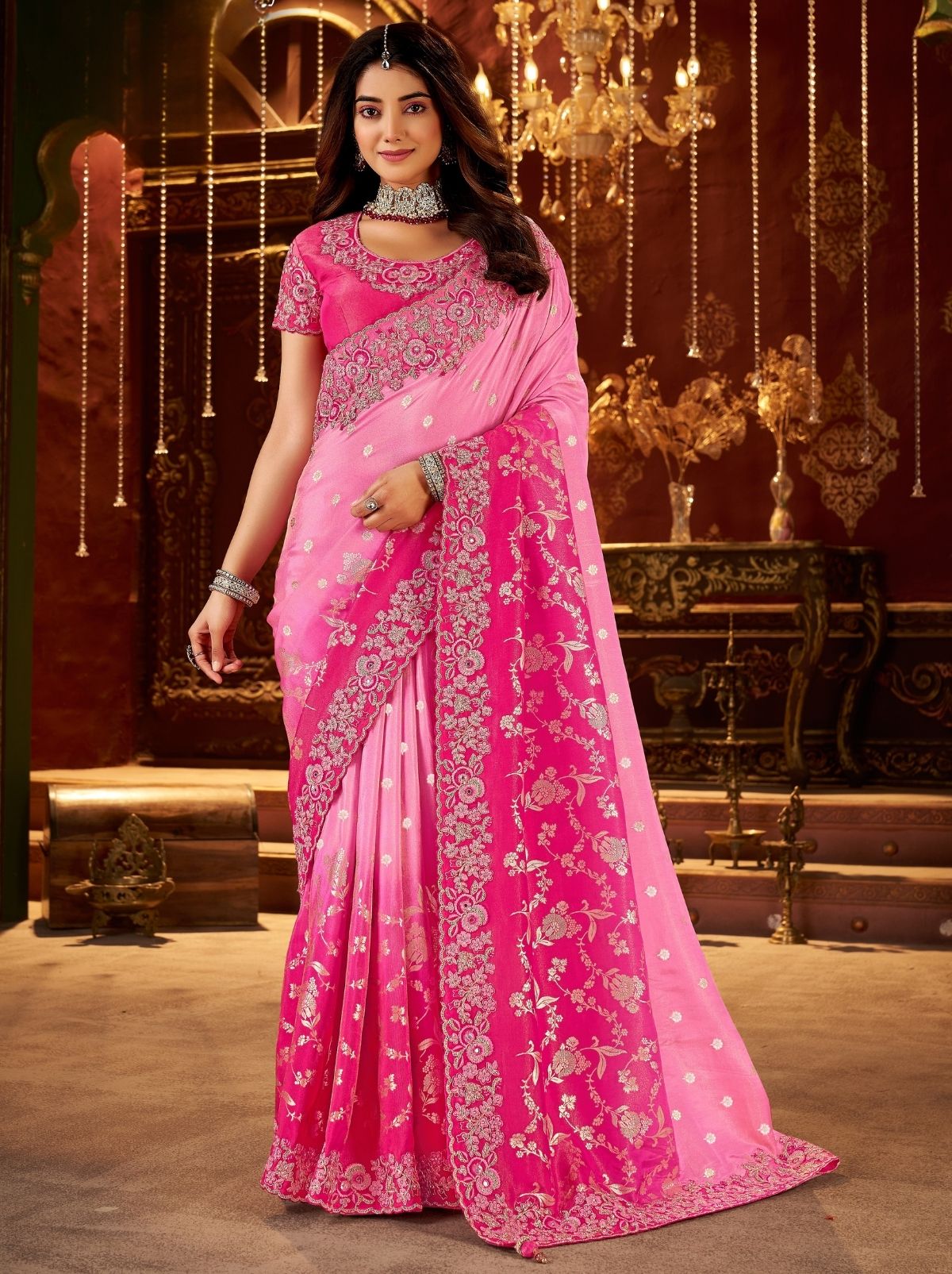 Taffy Pink Designer Fancy Silk Bridal Saree With Blouse Piece