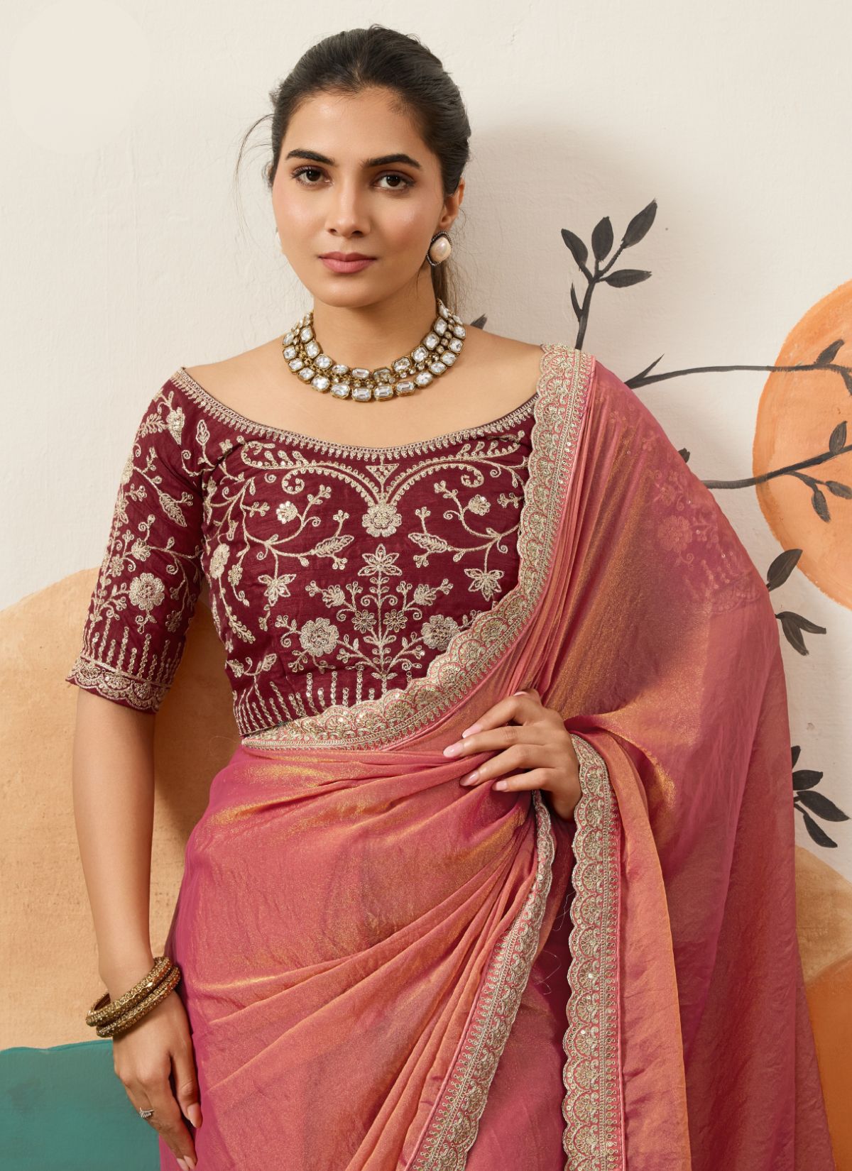 Rose Pink Designer Festive saree With Zari Work - TrendOye