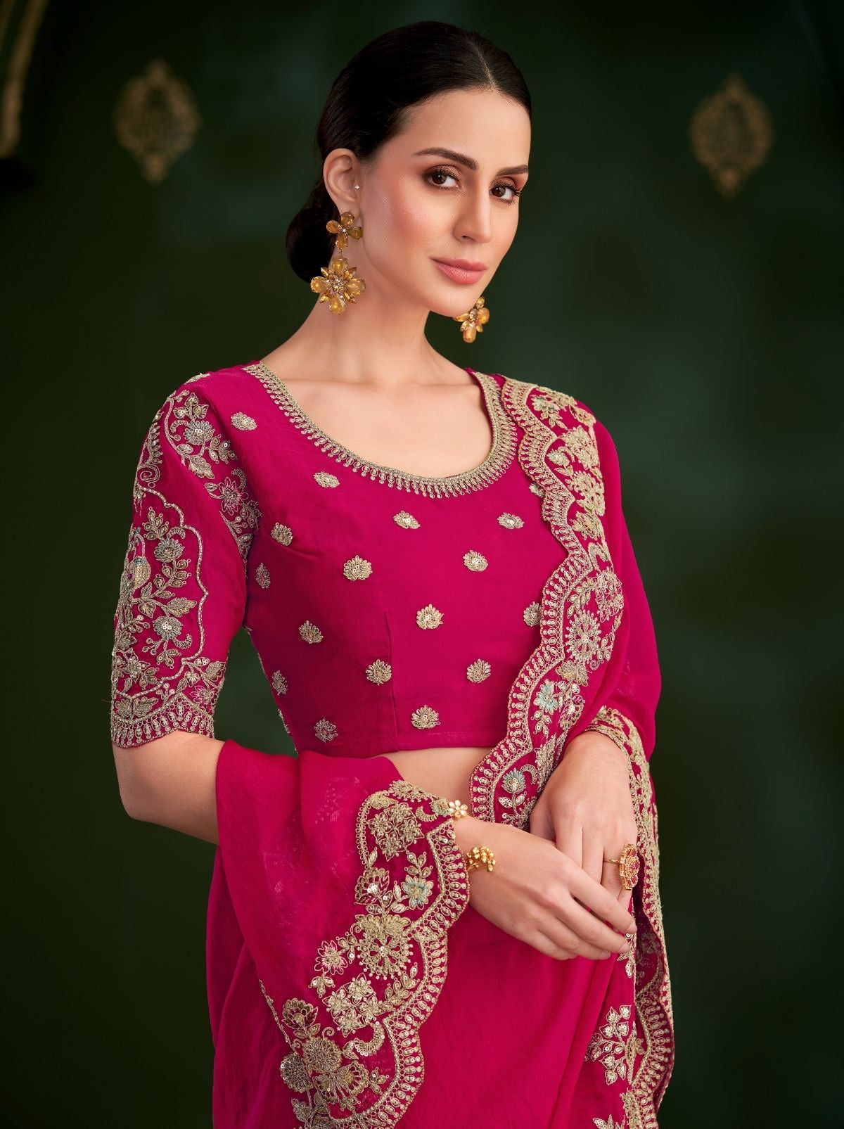 Ruby Pink Designer Georgette Silk Bridal Saree with Tassels