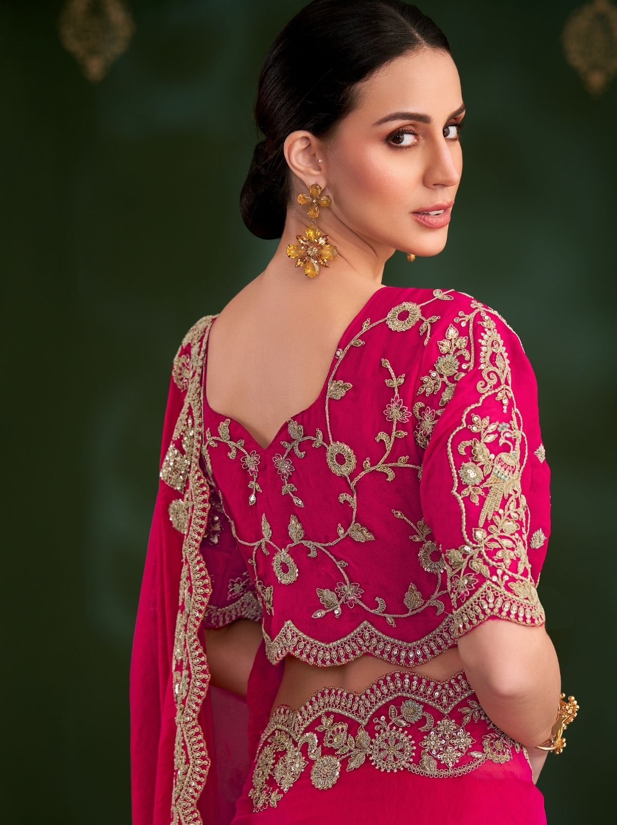 Ruby Pink Designer Georgette Silk Bridal Saree with Tassels