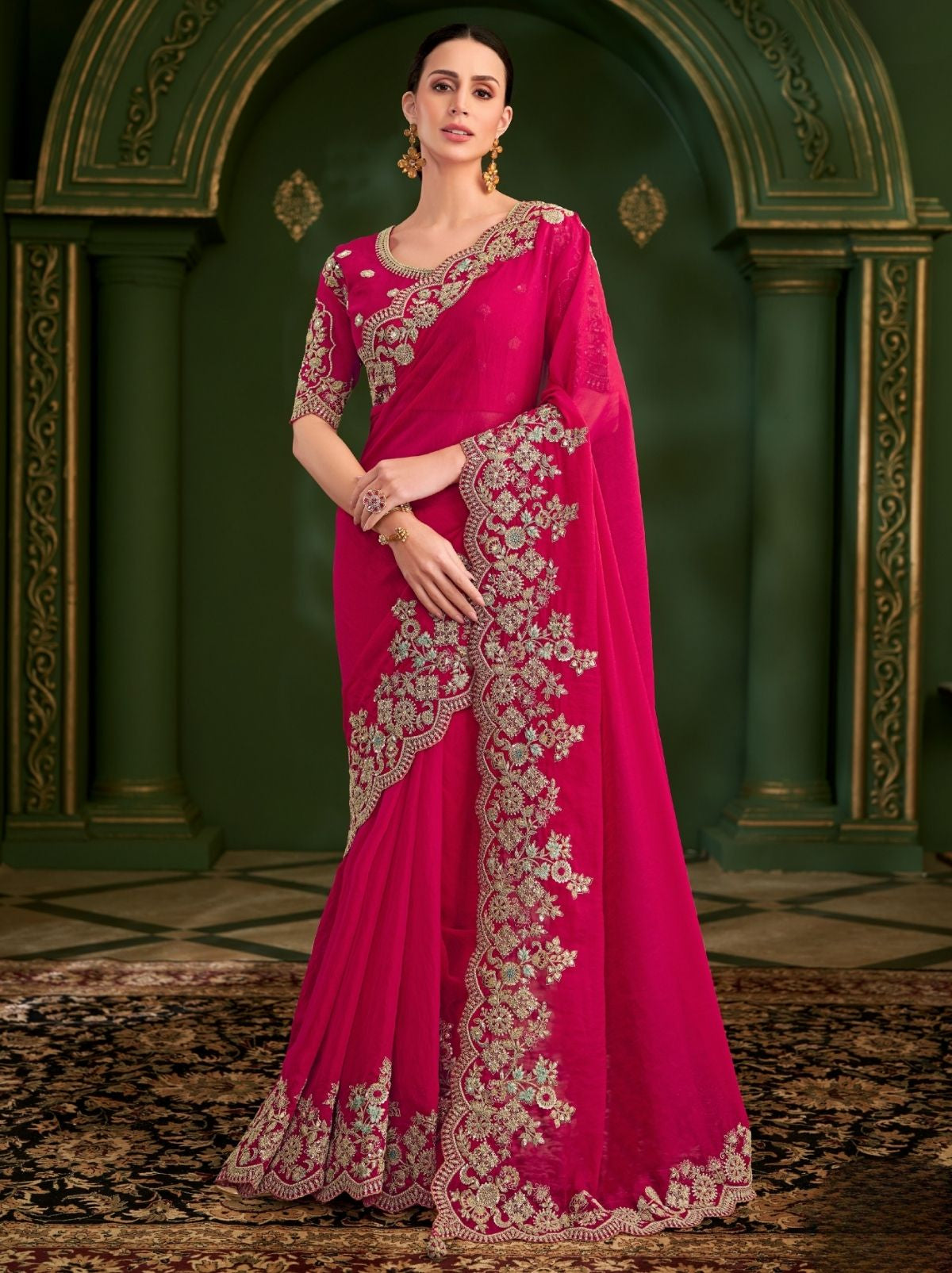 Ruby Pink Designer Georgette Silk Bridal Saree with Tassels