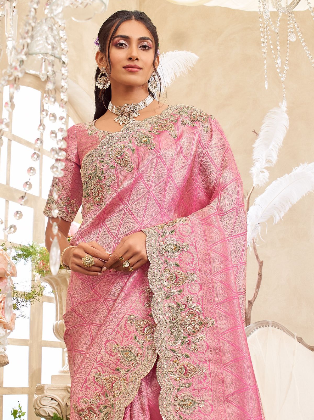 Taffy Pink Designer Luxury Fine Silk Saree With Heavy Work