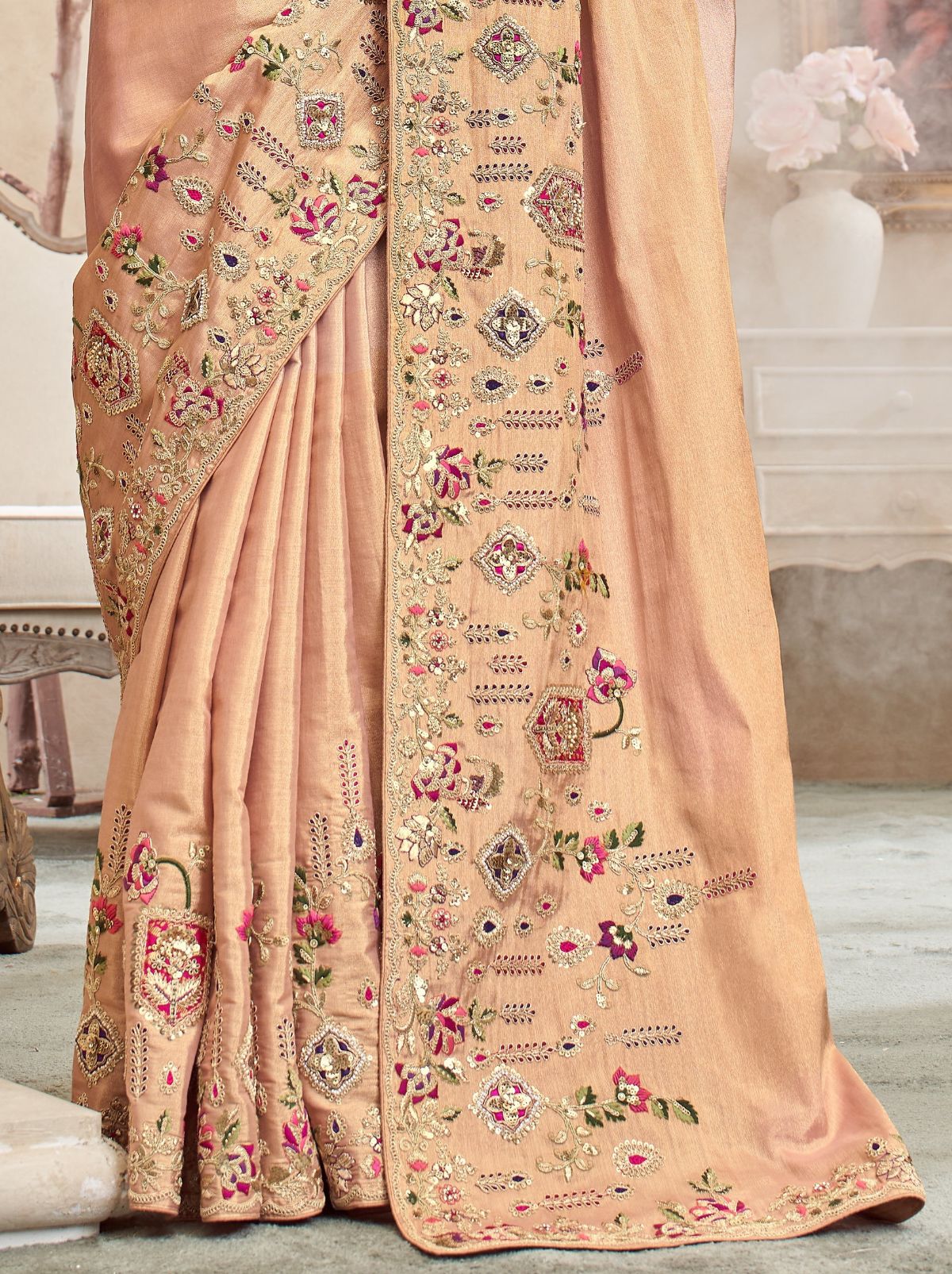 Baby Pink Designer Luxury Fine Silk Saree With Heavy Work